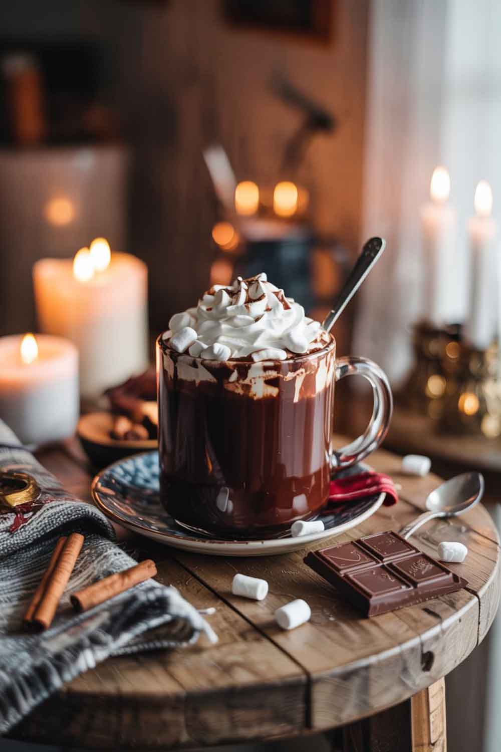 Spiked Hot Chocolate Spiked hot chocolate in a ceramic mug with whipped cream and marshmallows on a rustic wood table in a cozy home setting.