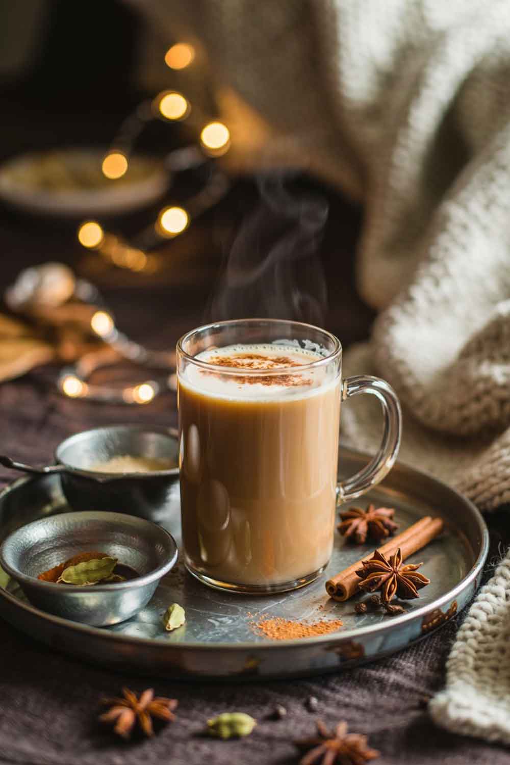Bourbon Chai Latte Creamy bourbon chai latte in a tall ceramic mug with cinnamon on top, styled with chai spices and a knit blanket in a home setting.