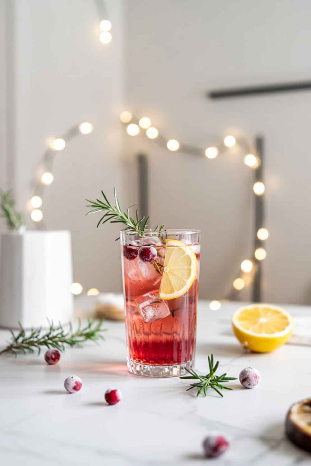 Sloe Gin Fizz Sloe gin fizz in a tall glass with lemon slice, rosemary, and cranberries, photographed in a bright and minimalist indoor space.