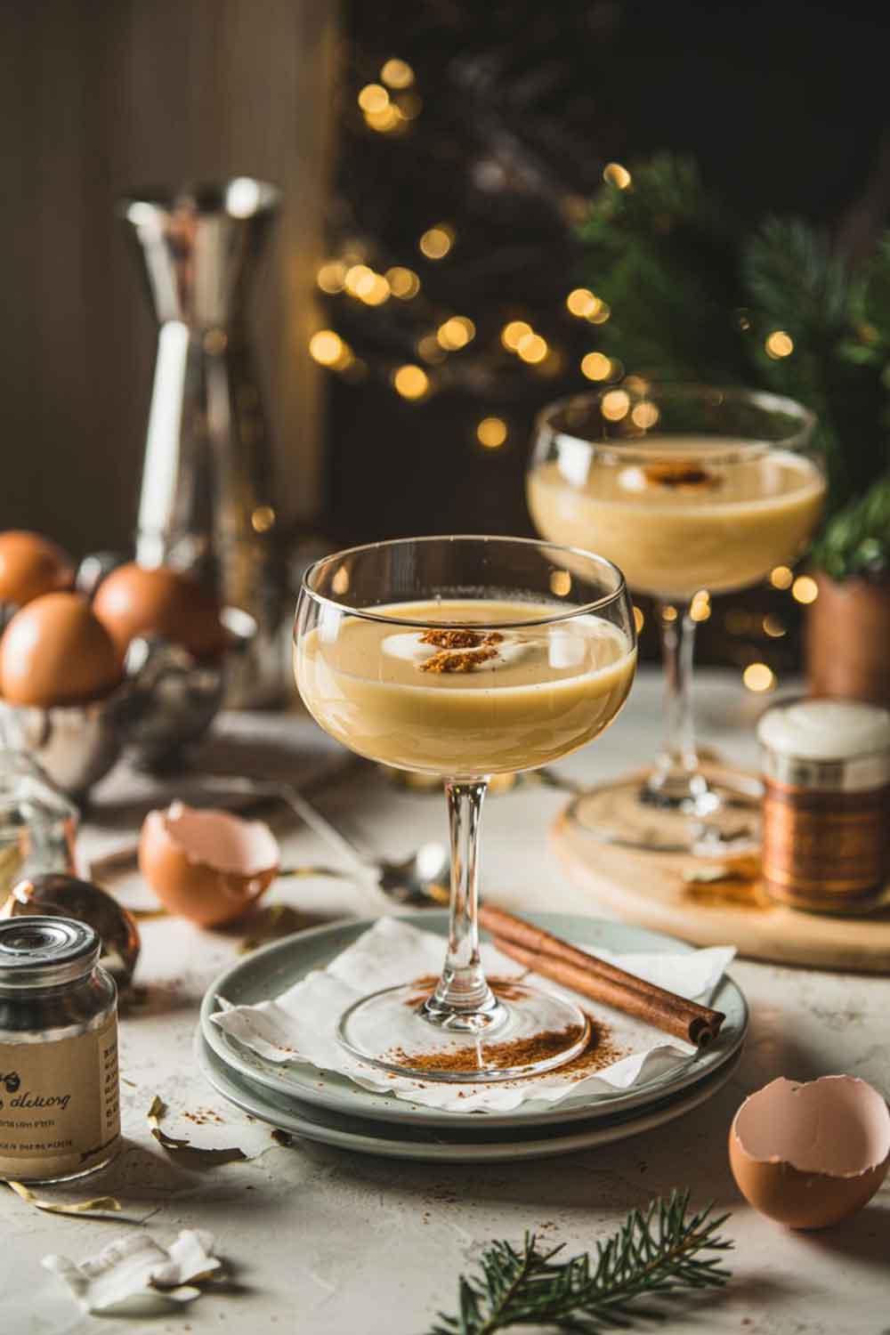 Eggnog with a Kick Lightened eggnog in a short glass with nutmeg and cinnamon stick, styled with spice jars and evergreen sprigs on a festive home table.