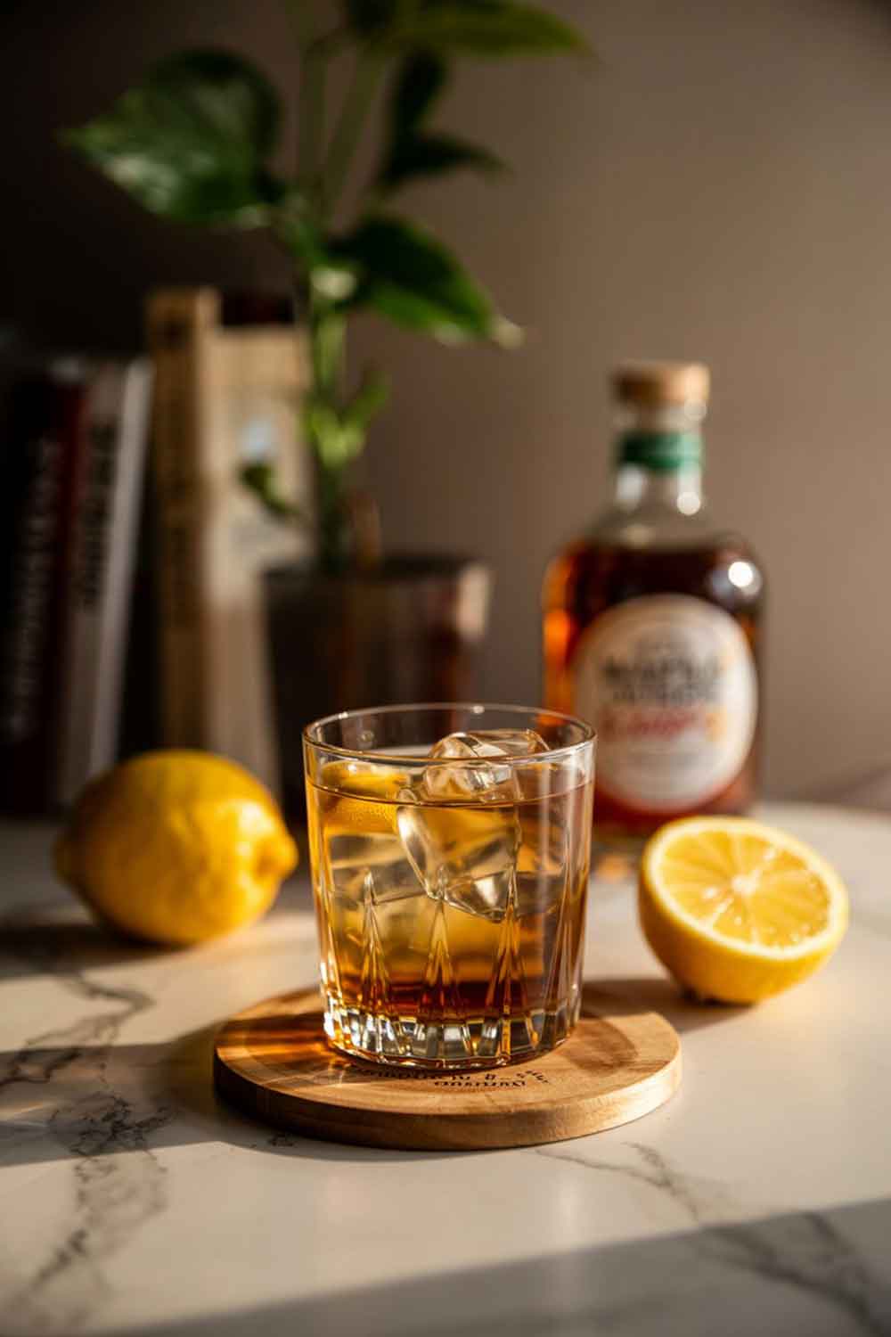 Maple Whiskey Sour Maple whiskey sour in a rocks glass with a lemon twist, maple syrup bottle and lemon half nearby, styled on a home bar surface.