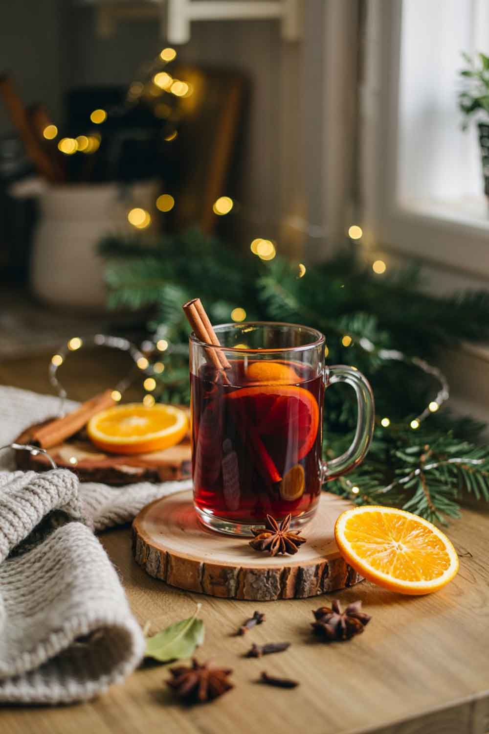 Mulled Red Wine Mulled red wine in a clear glass mug with orange slice and cinnamon stick, surrounded by spices and holiday décor on a wooden table.