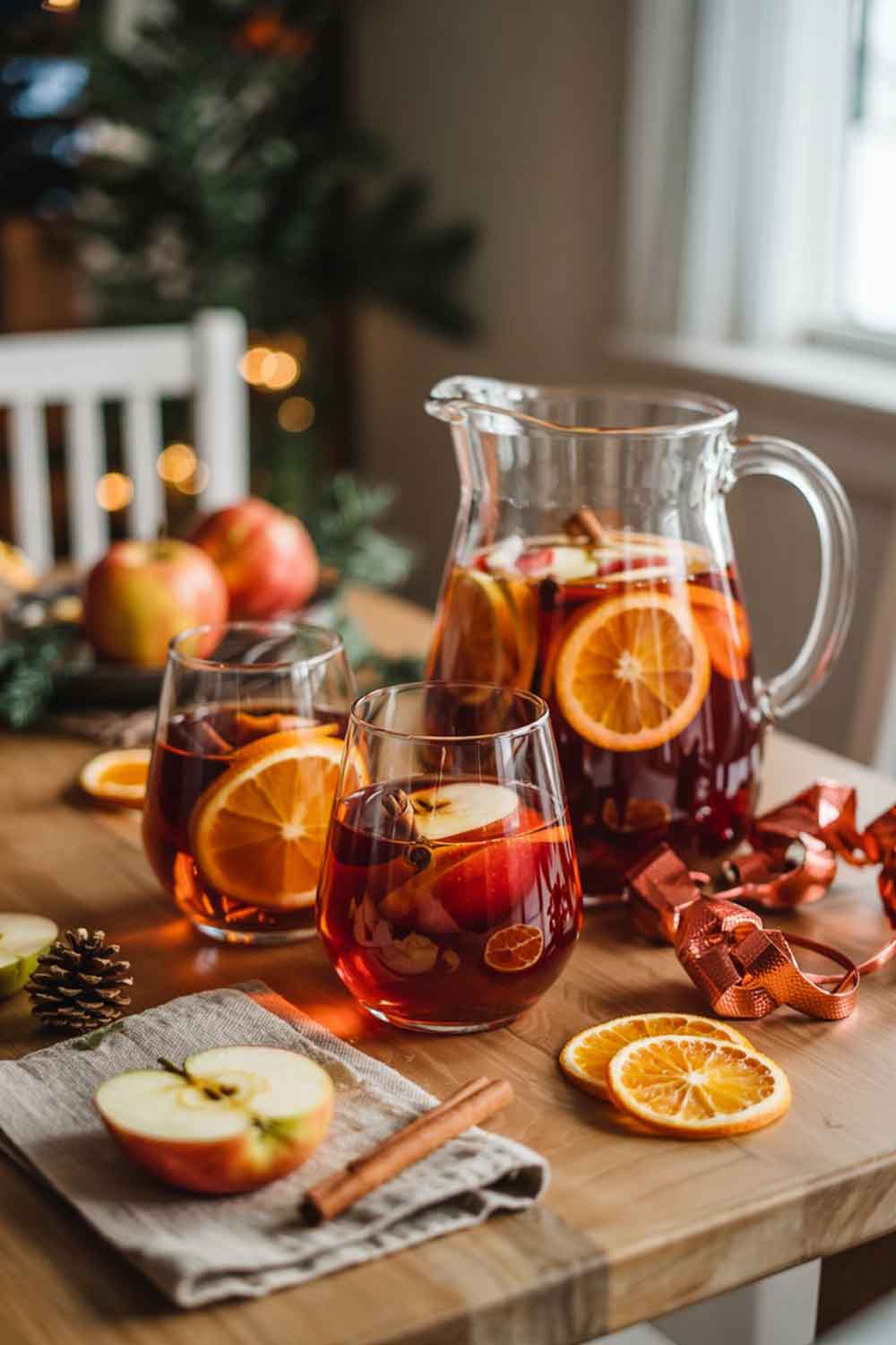 Spiced Apple Cider Sangria Apple cider sangria in a stemless wine glass with apple and orange slices, on a rustic table with pinecones and dried citrus decor.