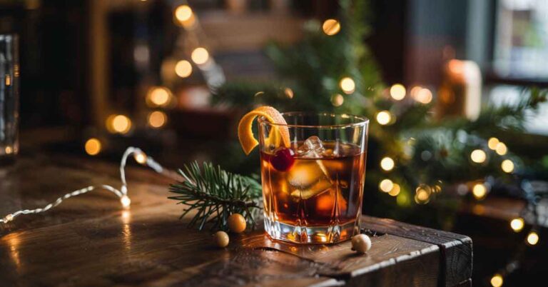 A glass of whiskey with orange peel and cherry garnish on a wooden table with Christmas lights and pine, styled for classic whiskey Christmas cocktails.