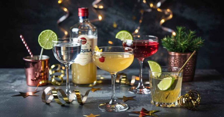 Festive home bar setup with colorful cocktails, lime garnishes, gold streamers, and a tequila bottle, styled for a new year tequila cocktail celebration.