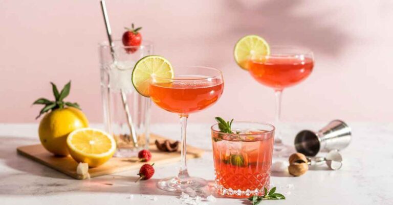 A bright, styled table with three glasses of vibrant pink mocktails garnished with lime and mint, surrounded by citrus, berries, and a jigger — a fresh and colorful showcase of non alcoholic cocktail recipes in a home setting.
