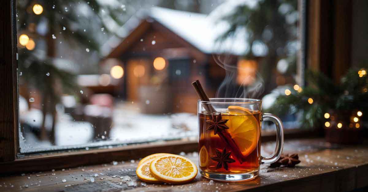 A steaming glass mug of mulled wine with orange slices, cinnamon stick, and star anise on a snowy windowsill, representing one of the best alcoholic drinks for winter in a cozy cabin setting.