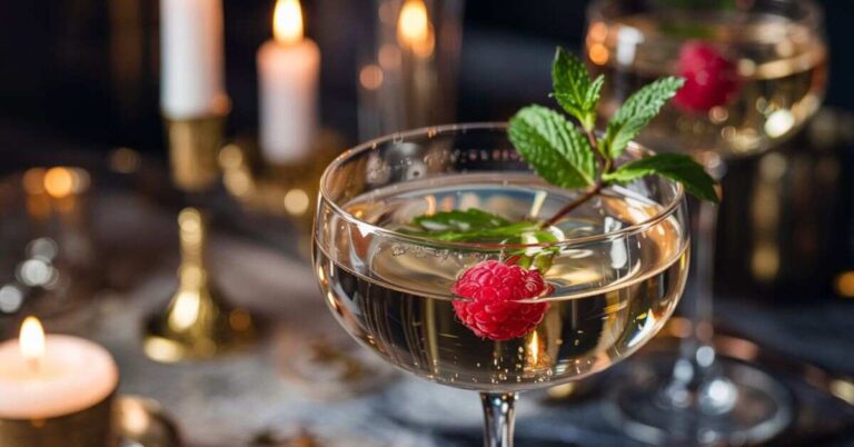 Elegant coupe glass filled with a sparkling champagne cocktail garnished with fresh raspberry and mint, styled for champagne cocktail recipes
