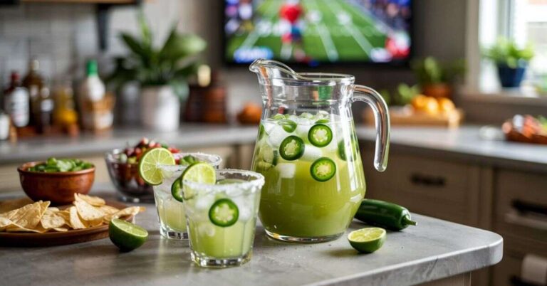 A pitcher of spicy jalapeño margaritas with lime and ice on a kitchen counter, styled as Super Bowl drinks with tortilla chips and a football game playing on the TV in the background.