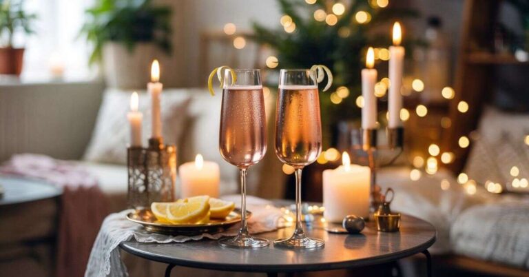 Two rosé champagne cocktails on a small table surrounded by candles and fairy lights, styled for a romantic night in and perfect inspiration for Valentine’s Day drinks at home.