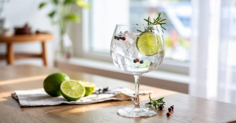 A classic gin and tonic served with fresh lime, rosemary, and juniper berries on a wooden table in a bright home setting, styled to represent clean eating drinks made with simple, fresh ingredients.